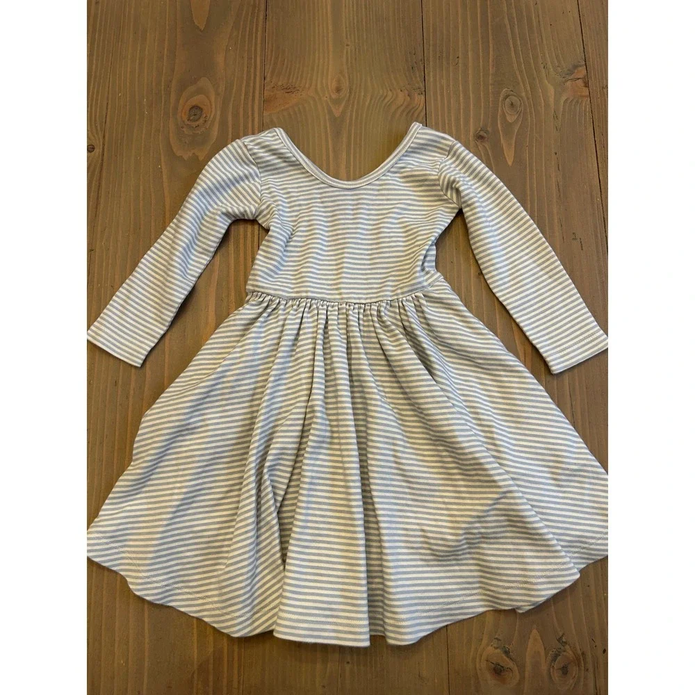 K19 Good Apples Girls 3T Organic Cotton Blue‎ White Striped Long Sleeve  Dress